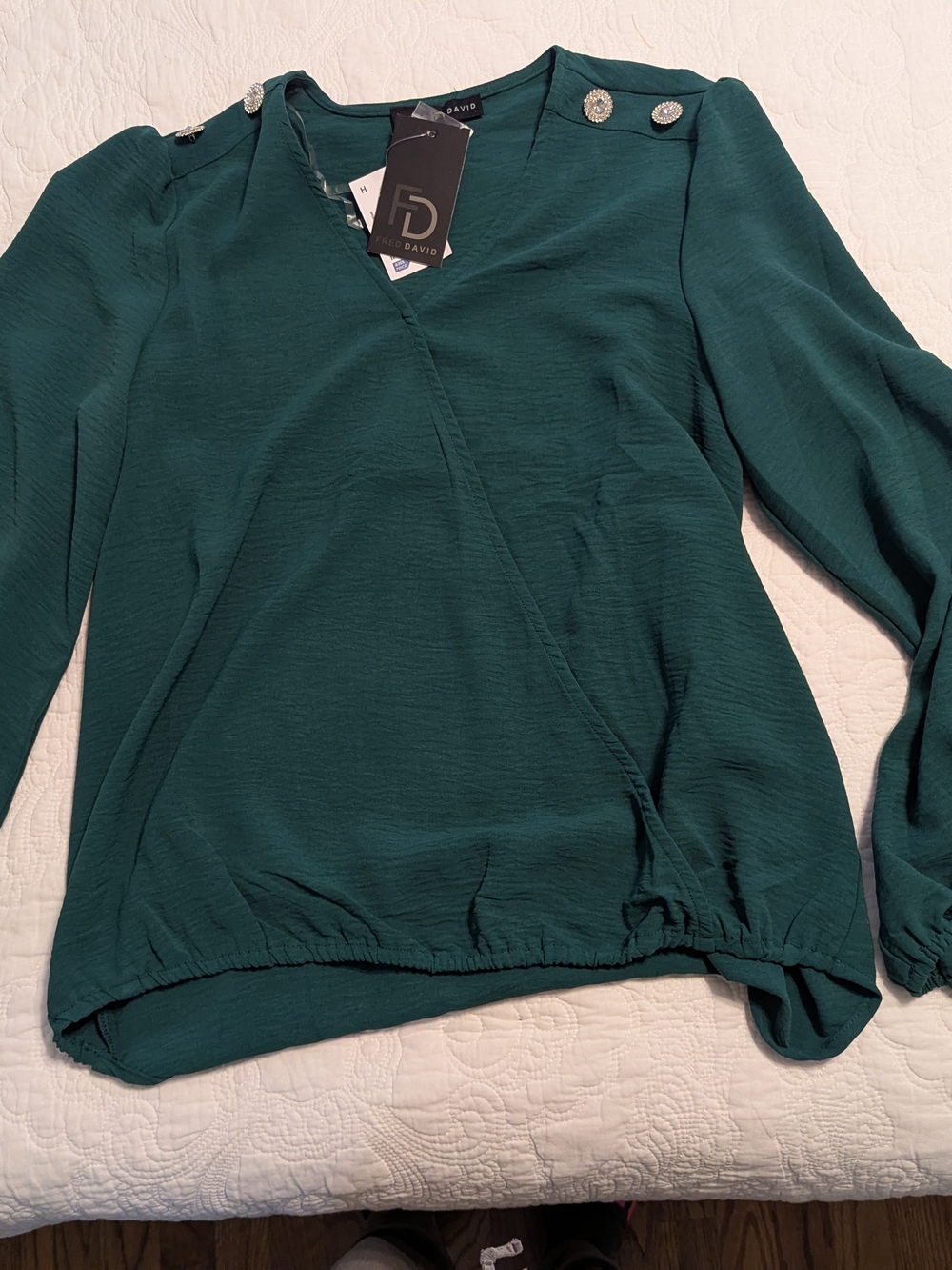 Fred David Emerald Green Wrap-Front Blouse with Decorative Shoulder Buttons